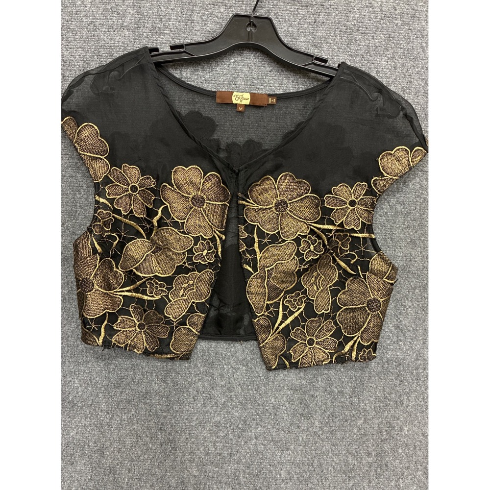 Eva Franco Black Gold Metallic Floral Embroidered Cropped Bolero Vest Womens M